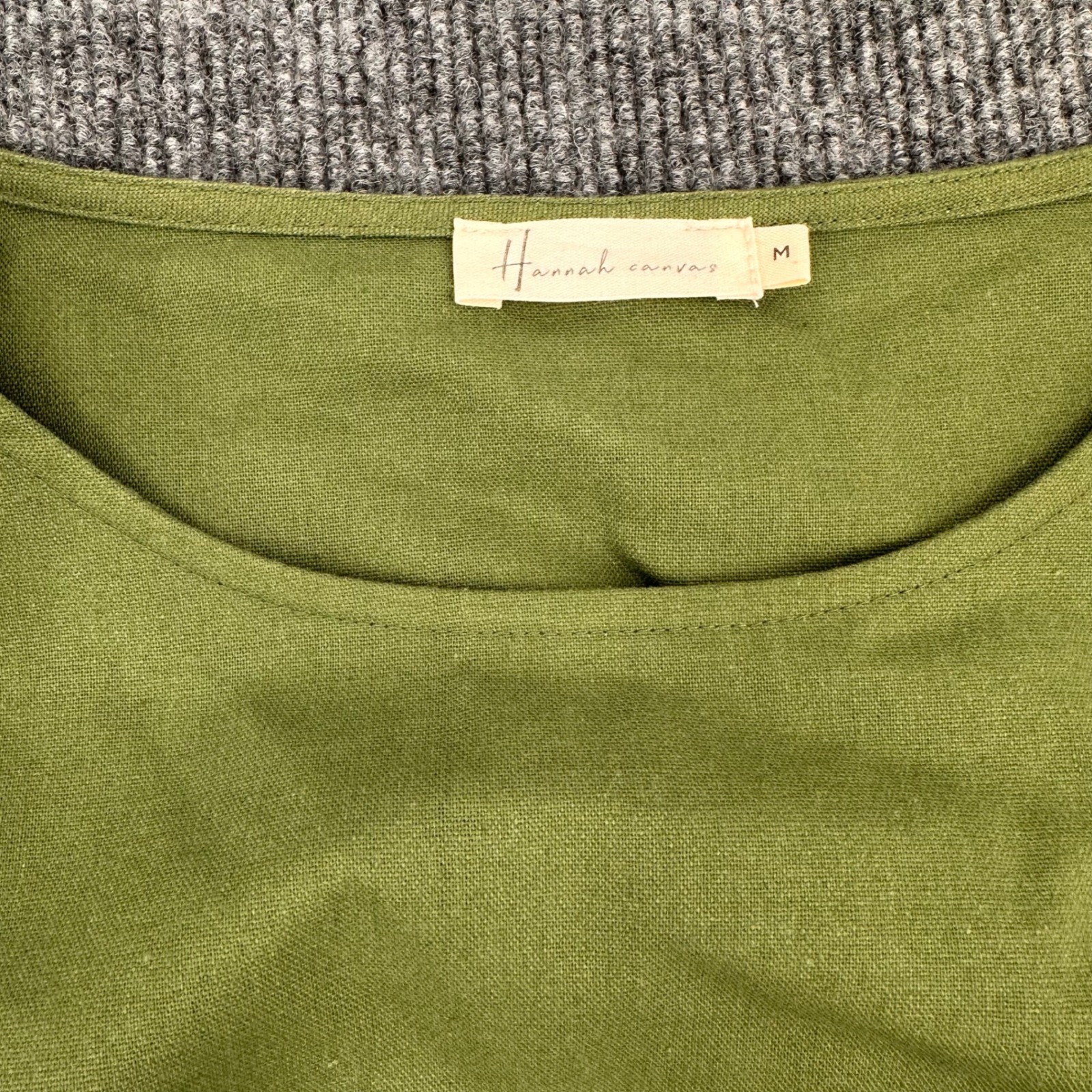 Hannah Canvas Linen Flare Dress Medium Belted Midi Olive Green Modern Casual — image 3 of 8